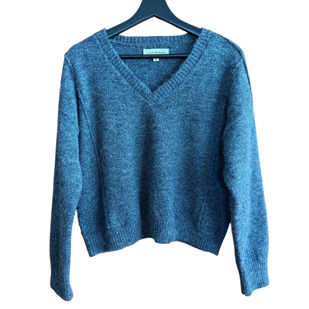 Lucky Brand V Neck Sweater Heathered Gray Metallic‎ Knit Pullover Womens L